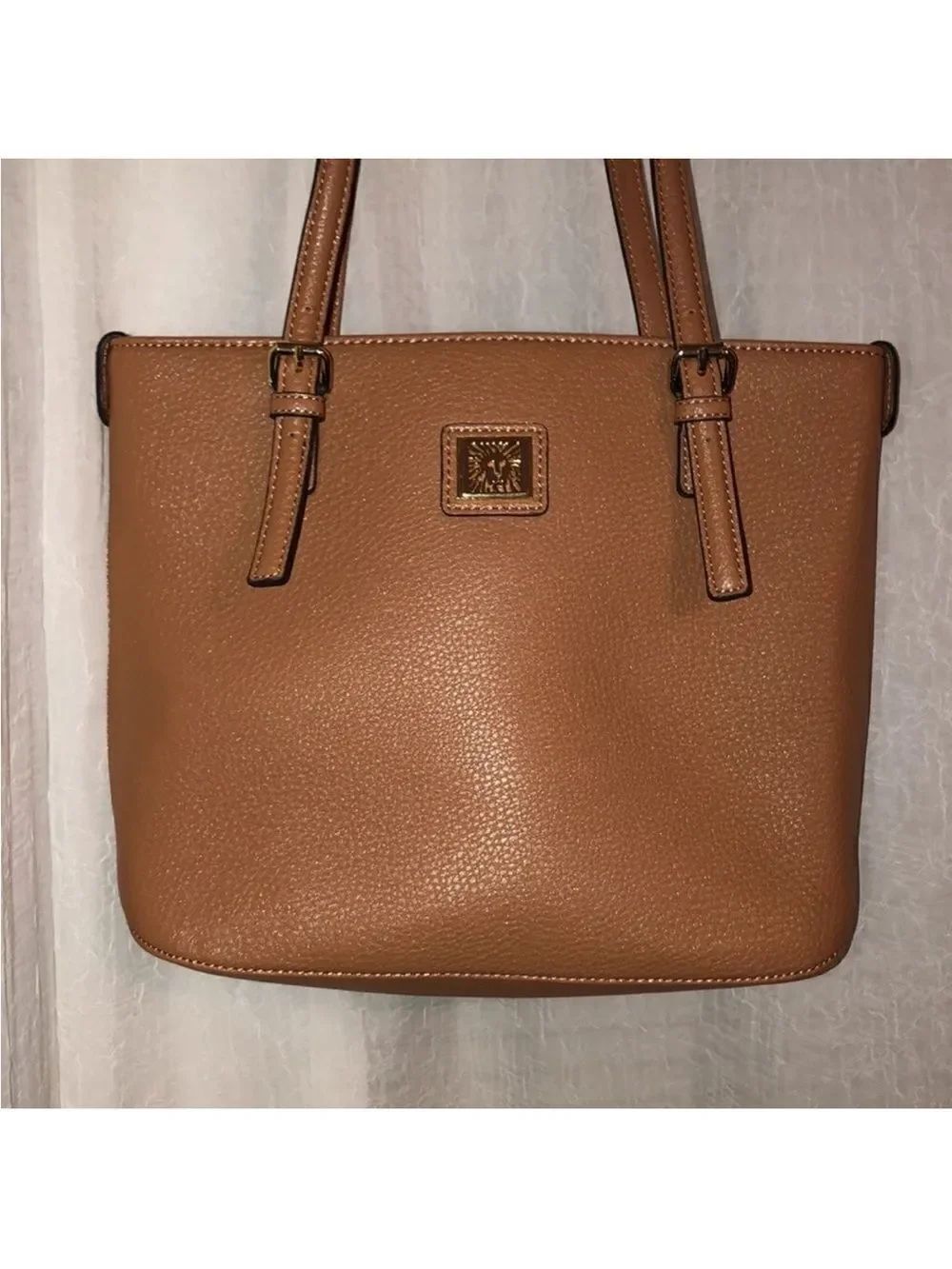 AK Camel Faux Leather Mid Size Tote with Gold Tone Hardware Black Ivory Polka